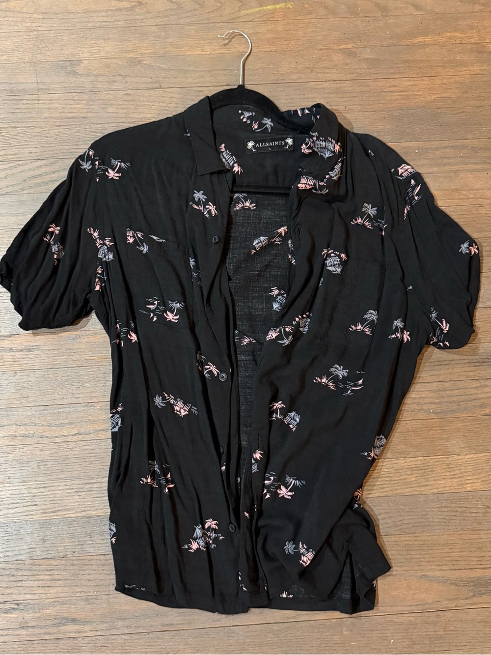 All Saints Black Short-Sleeve Button-Down Shirt with Pink Palm Motif